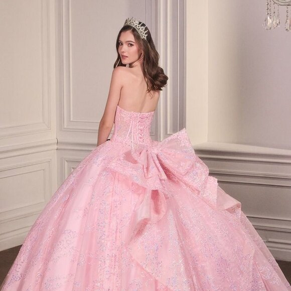New Pink Strapless Layered Quinceanera Tulle Gown w/ Sequins Embroidery CD 15732 - Picture 9 of 10